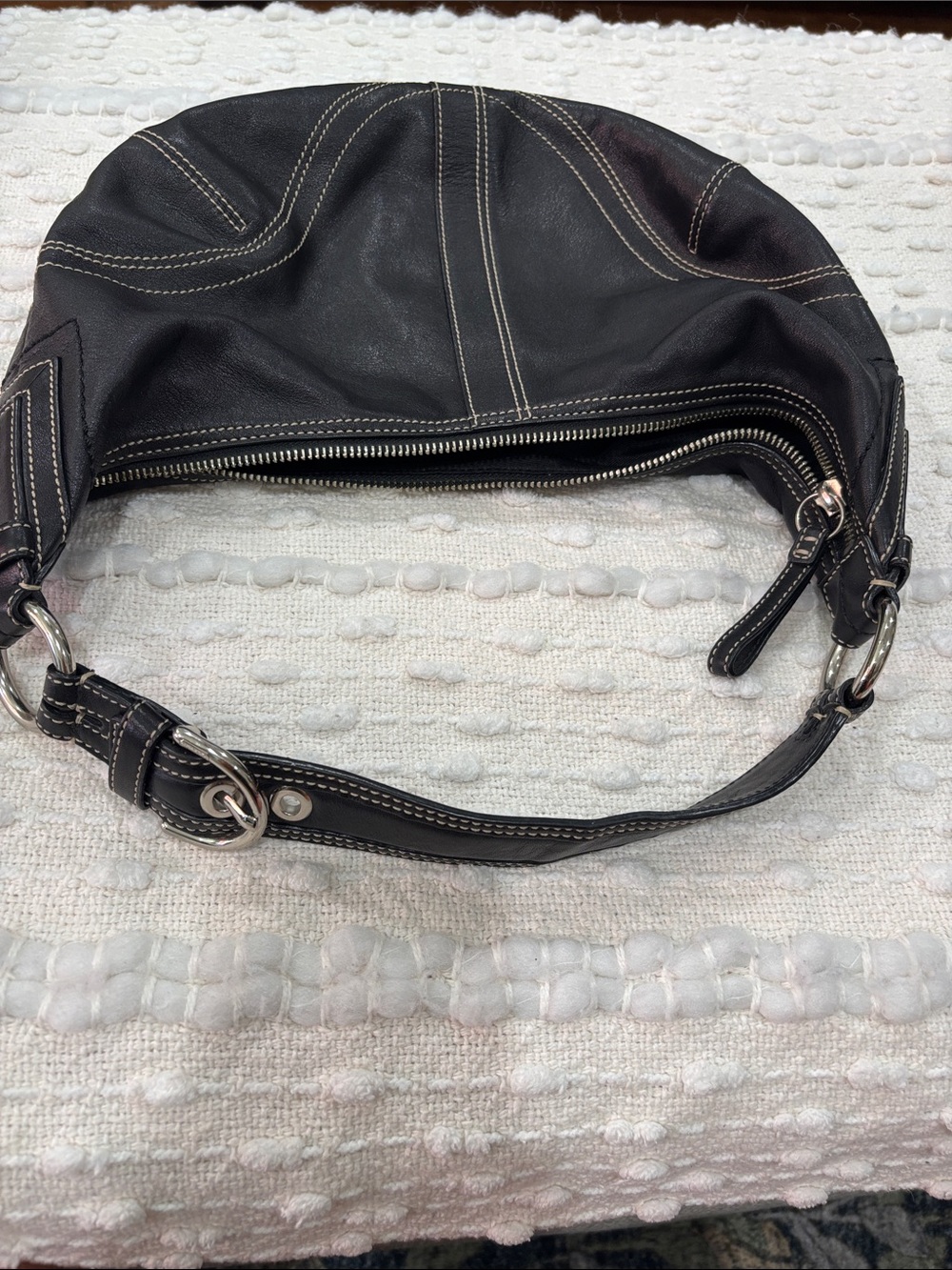 Coach Black Leather Crescent Shoulder Bag with White Contrast Stitching - Picture 3 of 8